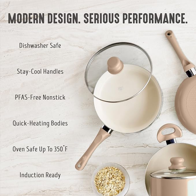 GreenLife 2QT Ceramic Nonstick Saucepan with Lid, Beige Taupe | PFAS-Free Ceramic Nonstick Coating, Soup Pot, Induction Ready, All Stovetop Compatible, Stay-Cool Handles, Dishwasher Safe