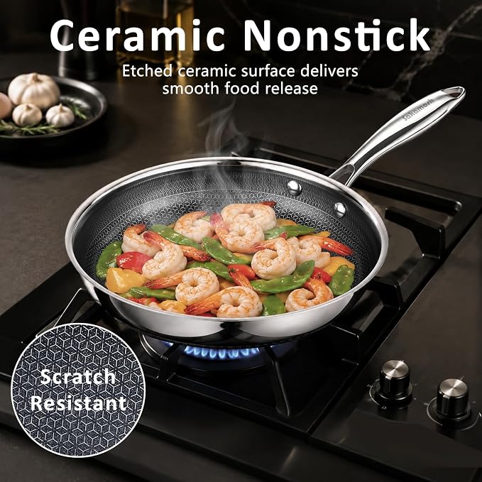 SAKAMOSH 9.5" Hybrid Nonstick Frying Pan,Stainless Steel, Induction Safe | PFAS/PFOA/PTFE-Free Ceramic Pan, Dishwasher & Oven Safe, Skillet WithStay-Cool Handle, Compatible with All Cooktops