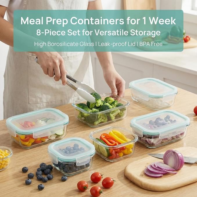 8 Pack Food Storage Containers with Lids,Glass Meal Prep Containers,Oven Safe