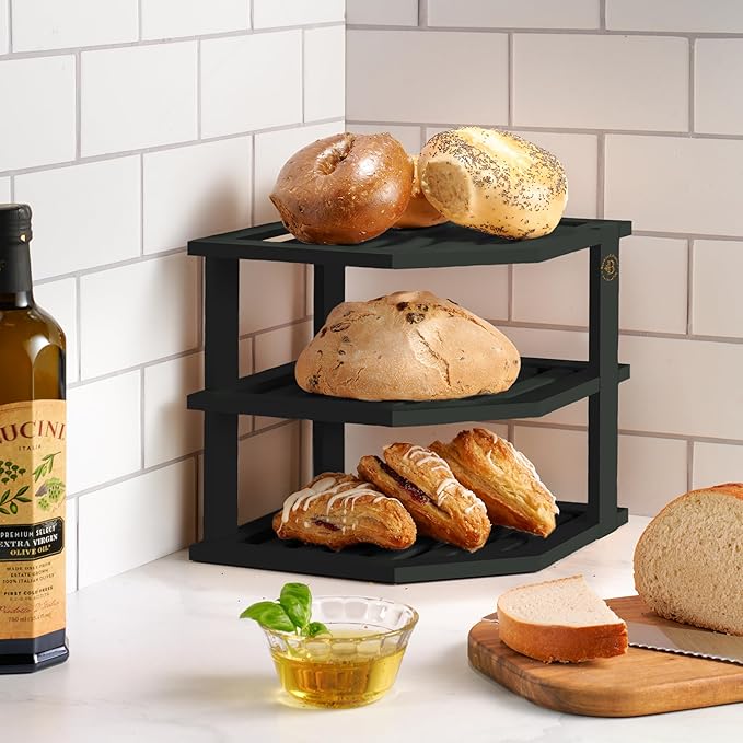 Black Plate Organizer for Cabinet - 3 Tier Bamboo Corner Cabinet Organizer Shelf for Plates Bowls Mugs Cups, Kitchen Cabinet Organizer, Cabinet Shelf Organizer, Countertop Rack, 10 x 10 x 9.5 Inch