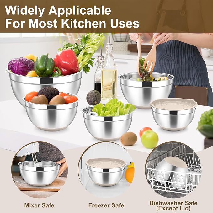 TeamFar Mixing Bowls, Stainless Steel Salad Bowl with Lid & Graters -Khaki | 6 PCS for Kitchen Baking Serving Prepping, Container for Dough Veggie Fruit, Non-Slip & Nesting, 4.6 /3.5 /2 /1.5 /1 /0.7 QT