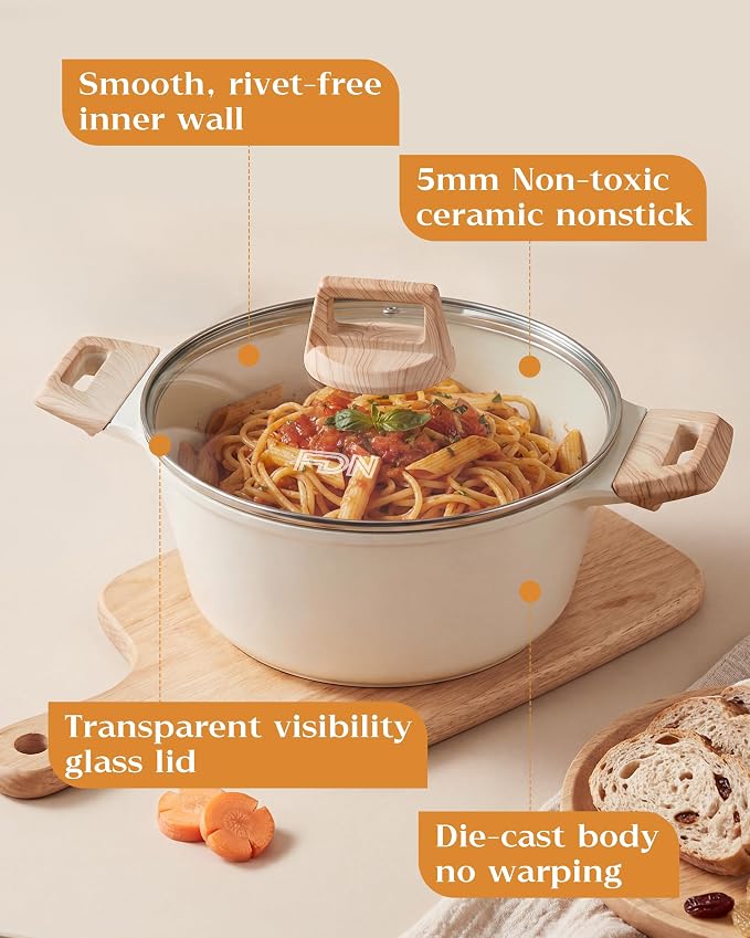 FDN Titanium Ceramic Cooking Pot with Lid, Pfos & Pfoa Free Nonstick Stock Pot, Large Soup Pot, Big Pots for Cooking, Multipurpose Cookware, Ollas Antiadherentes Para Cocinar, Cacerolas, White