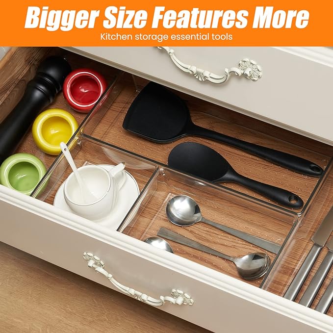 22 Pcs Drawer Organizer Bins, Acrylic Non Slip Kitchen Drawer Organizers Storage Tray Divider, Multifunctional Storage for Cosmetics, Bathroom, Tools, Kitchen and Office