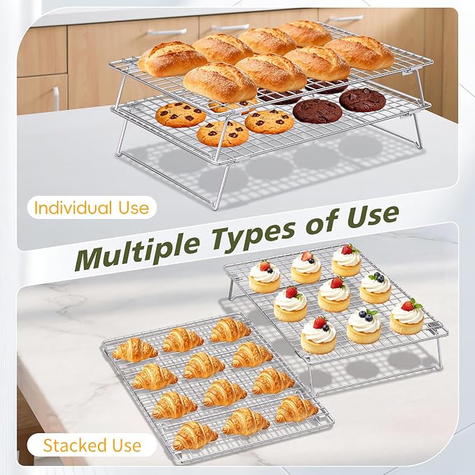 13 * 9.4 IN 2-Tier 304 Stainless Steel Cooling Rack with a kitchen tong | Cookie Cooling Racks for Baking, Collapsible Cooling Racks for Cooking and Baking Cookie Pizza Cake, Oven and Dishwasher Safe