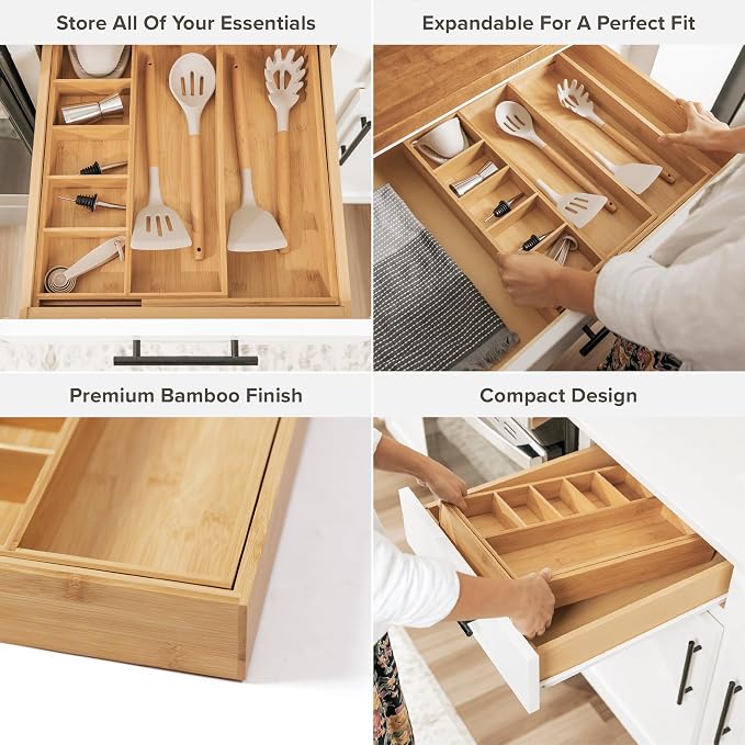 Utensil & Junk Drawer Organizer, 10.5-19 in, Bamboo | Food-safe contract grade, 100% sustainable wood, non-slip, adjustable