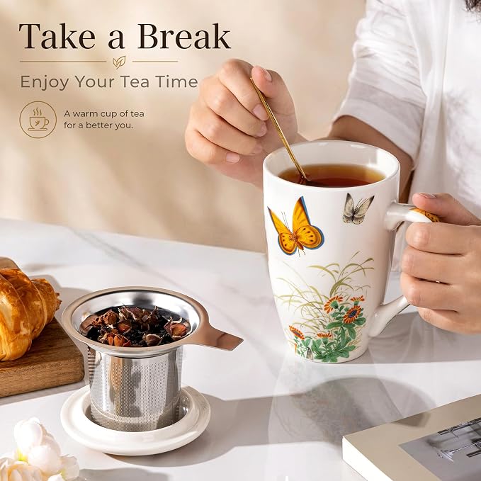 AmorArc Tea Cup With Infuser and Lid, 18oz Loose Leaf Tea Mug With Steeper | Porcelain Tea Mug With Infuser and Lid, Strainer Tea Cup for Tea Lovers, Home & Office, Housewarming Birthday Gift
