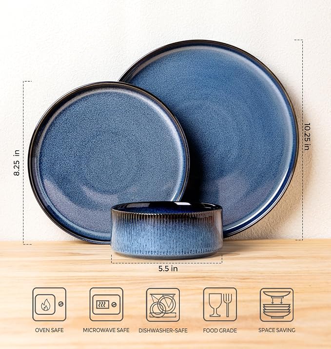 Ceramic Dinnerware Set for 6, 18-Piece Plates and Bowls Set | Lightweight Porcelain Dish Set, Scratch Resistant, Oven & Microwave & Dishwasher Safe, Starry Blue