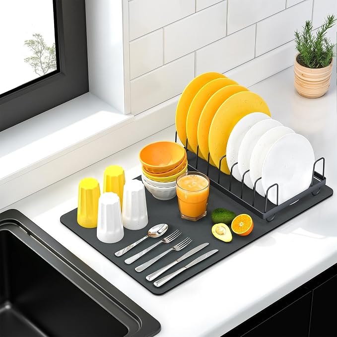 Soft Dish Drying Mat & Dish Rack Set, Large, Gray | Quick-drying, easy-to-clean dish mat with rust-proof stainless steel dish rack. Ideal for kitchen counter.