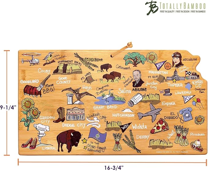 Totally Bamboo Kansas State Shaped Cutting Board, Art by Fish Kiss | State charcuterie board with colorful hand-drawn map artwork. Smooth reverse side for food prep. Hang tie for wall display.