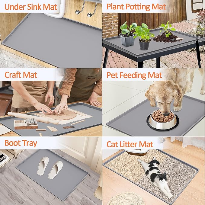 Silicone Coffee Maker Mat with Lip for Countertops, 19.7'' x 15'', Grey | Multi leak-proof coffee tray for countertop, non-slip silicone tray for under coffee machine espresso accessory, wipe-clean