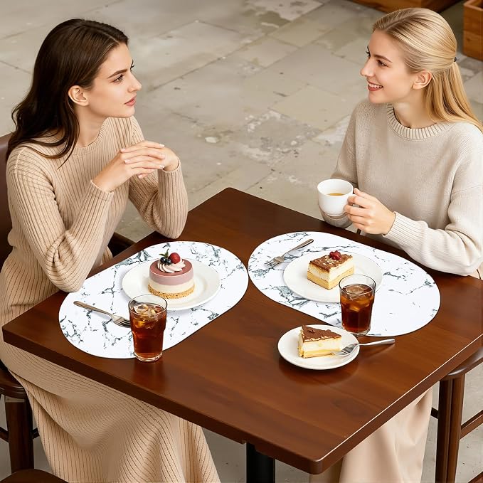 Placemats Set of 4, 11.8 x 17 Inch, Marble | Heat Resistant Oval Faux Leather Place Mats, Waterproof Wipeable Reversible PU Placemat, Indoor & Outdoor