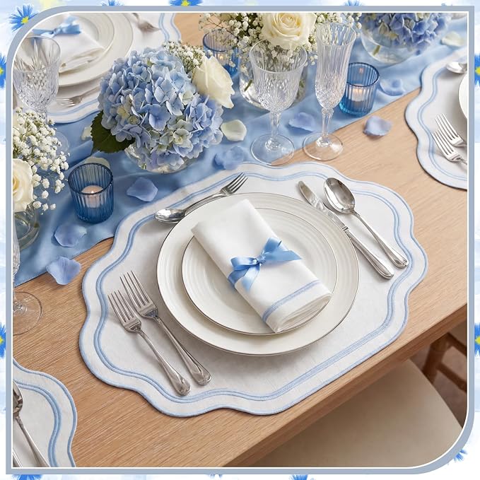 6Pcs Blue Cotton Wedding Placemats Scalloped Embroidered Placemats 17" x 13" Double Layered Machine Washable Table Place Mat for Party Table Decor