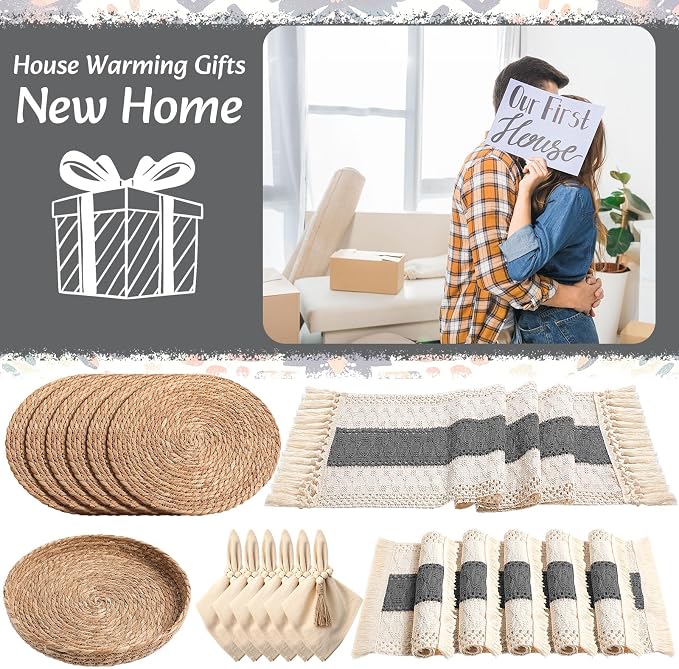 6 Sets Boho Decoration Placemats Round Woven Placemats, Cloth Napkins, Wood Bead Napkin Rings, Long Table Runner and Farmhouse Burlap Cotton for Table Kitchen (Gray,12x72)