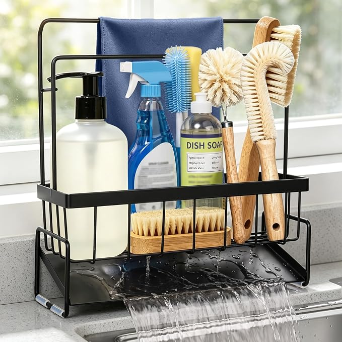 Sponge Holder for Kitchen Sink, Sink Caddy with Towel Bar & Wall Mount Hooks, Kitchen Organizer Storage Rack for Dish Sponge, Soap, Brush, Rustproof Stainless Steel, No Drilling Adhesive Design