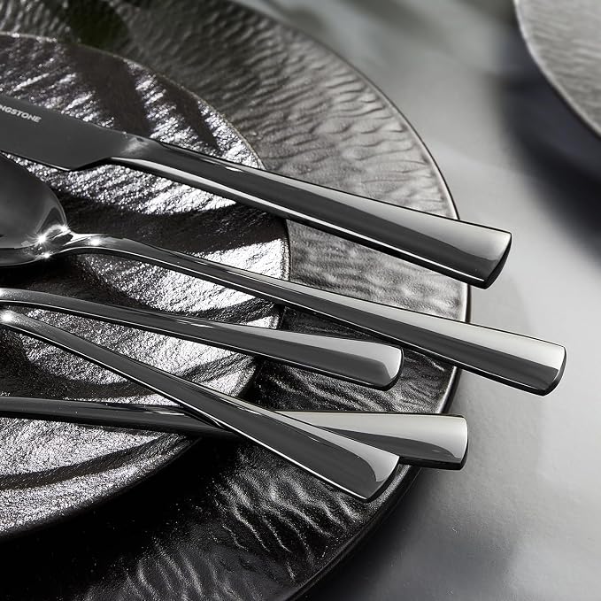 18/10 Flatware set for 8, 40 Piece Black Stainless Steel Silverware Set | KINGSTONE Forged Flatware Cutlery Set, Mirror Polished Knives Fork and Spoon Utensils, Dishwaher Safe for Home Wedding Party