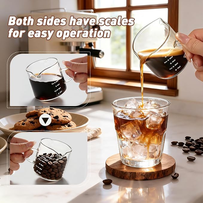Espresso Cups Set of 2: Espresso Machine Accessories - Dual Scale Glass Measuring Cup and Espresso Shot Cups - Essential Coffee Bar Accessories - 4oz Glass Espresso Cup Set with Handled and Spout