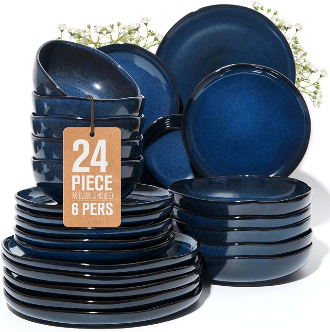 24 Pieces Dinnerware Set for 6 with Pasta Bowls, Complete Ceramic Dish Set, Stackable & Glossy Stoneware Plate and Bowl Set for Effortless Everyday Hosting, Starry Blue