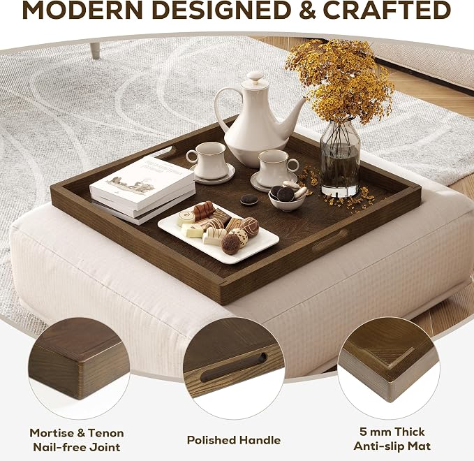 24 Inch Large Square Wooden Ottoman Tray for Living Room|Extra Large Serving Tray with Handles for Coffee Table, Breakfast|Decorative Wood Tray for Ottoman Couch Sofa Kitchen|Walnut