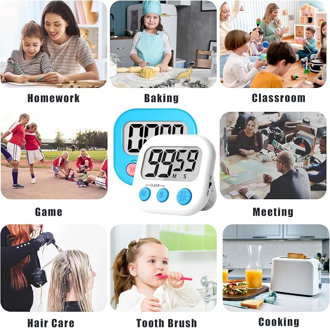 ZILLEEN Classroom Timer for Kids Teachers 2 Pack Digital Timers Blue White | Strong Magnetic, Large Screen, Big Button, Teacher Classroom Must Haves Kitchen Timers for Cooking Egg Exercise Study