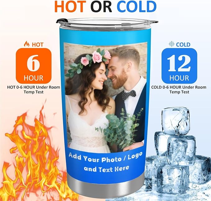 Personalized Tumbler Custom Vacuum Insulated Travel Mug Customizable Coffee Cup with Your Photos and Text Christmas Birthday Gift (2 Photos+Text)