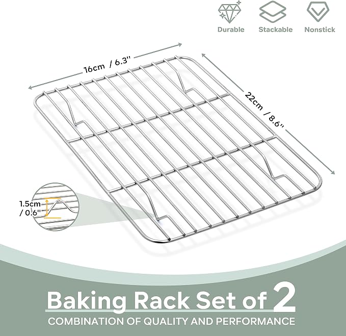 Herogo Mini Cooling Rack Set of 2, Stainless Steel 8.6" x 6.3" Small Baking Rack, Fit Small Toast Oven, for Cooling Grilling Roasting, Rust Resistance