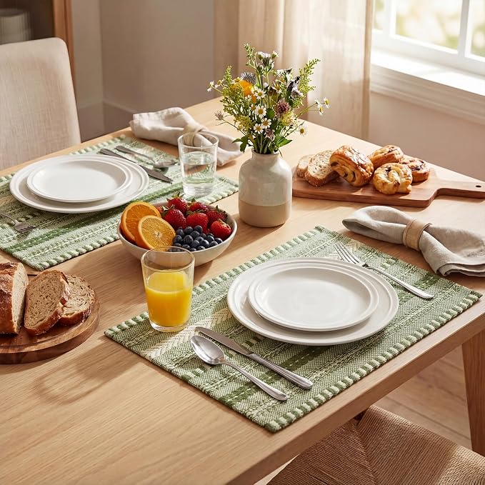 Artoid Mode Army Green Farmhouse Woven Braided Stripe Placemats Set of 6,12x18 Inch Seasonal Holiday Table Mats Party Kitchen Dining Decoration