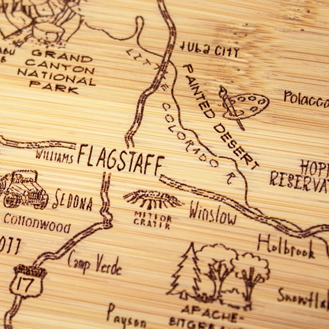 Totally Bamboo A Slice of Life Arizona Engraved Map Cutting Board | 11” x 8.75” charcuterie board with engraved state map artwork. Smooth reverse side for food prep. Hang tie for wall display.