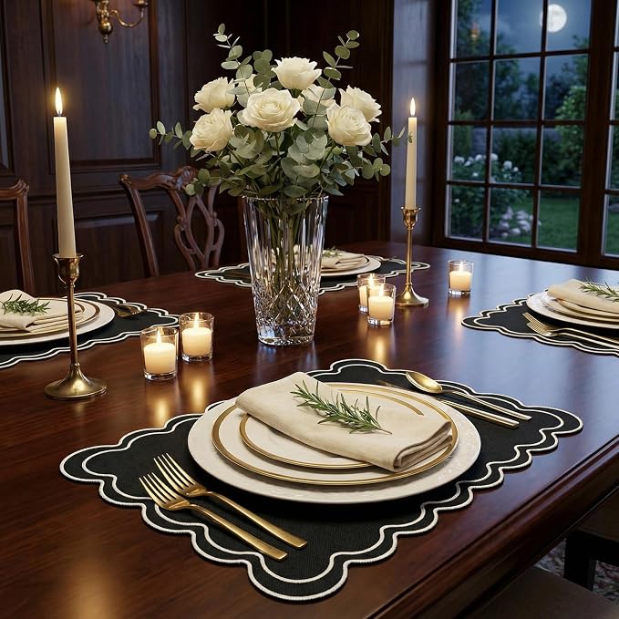 HunnmingRe Black with White Set of 6 Cotton Linen Wedding Placemats, 13x19 Inch Scalloped Wavy Embroidery Placemat Double Layered Washable Rustic Rectangle Dinner Table Mat for Home Decor