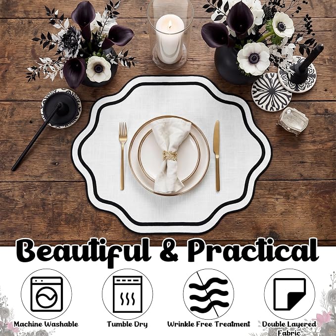 6 Pcs Black and White Wedding Placemats Scalloped Embroidered Cotton Linen Placemats 17" x 13" Double Layered Machine Washable Table Place Mat for Party Table Decor (Cotton)