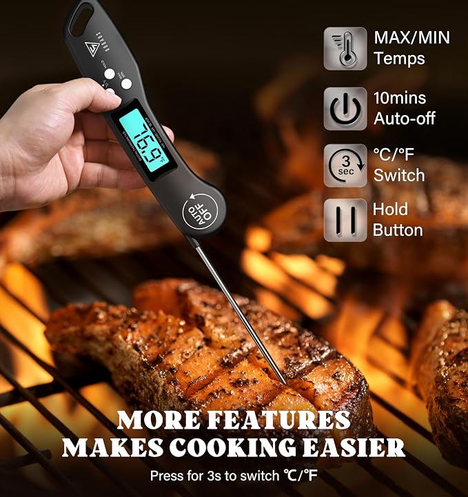 DOQAUS Digital Meat Thermometer, Instant Read Food Thermometer for Cooking | Backlit & Auto-Rotating Display, 4.6” Probe Perfect for Grilling, Baking, and BBQ Gift for Dad Men - Black