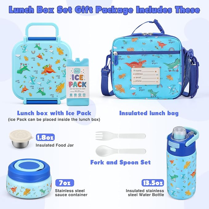 Bento Lunch Box for Kids with 7oz Soup Thermo,Insulated Stainless Steel Kids Water Bottle with Straw and Insulated Lunch Bag,Leak-Proof Lunch Food Container with Ice Pack for School(Blue-Dinosaur)