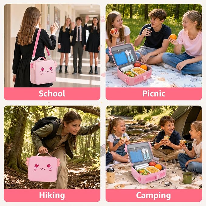 Insulated Axolotl Lunch Bag lonchera for Teen Girl Boy Kid Bento Box Reusable Large Capacity Portable Waterproof Leakproof with Name Tag to School Office Picnic Travel (1PCS Lunch Bag)