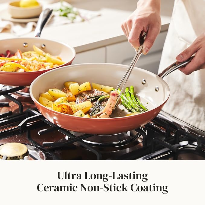 Redchef Nonstick Ceramic Frying Pan Set, Induction Compatible Skillets with Stay Cool Handles & 3 Cork Storage Pads,PFOA PFAS PTFE Free, All stovetop suitable, Oven Safe, Pumpkin Orange（8+9.5+11"）