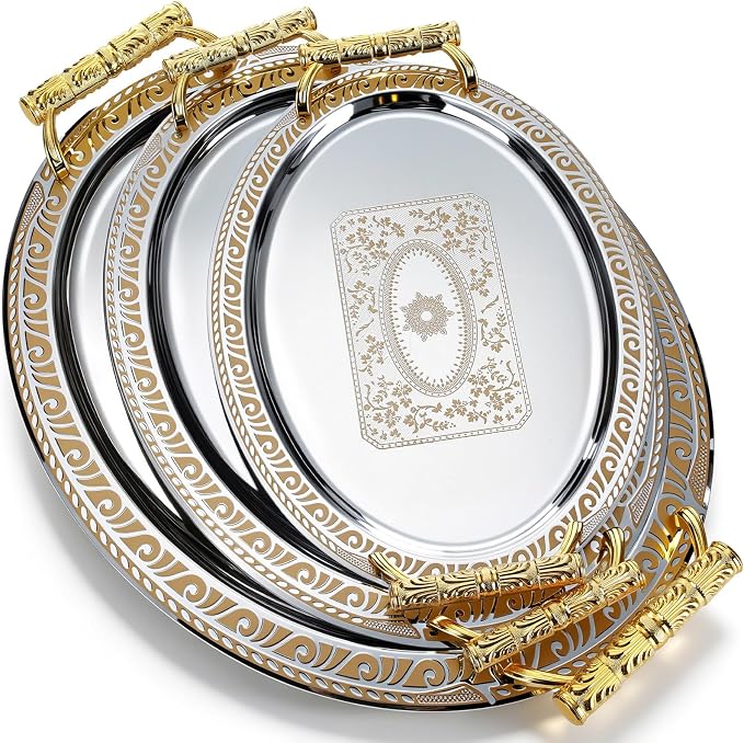 3 Pack Metal Serving Trays with Handles, Decorative Floral Platter Trays for Coffee Tea, Food, Dessert, Jewelry, for Buffet Wedding Party Kitchen Home Decor(Round,Silver, Gold)