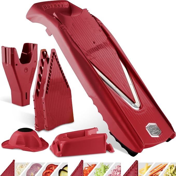 Mandoline Food Slicer Börner V5 (Profi Set) by Reston Lloyd • V-Slicer with 4 Inserts, Docking Station & Food Holder • Made in Germany • Fruit & Vegetable Chopper • Multiple Settings • Color: Red