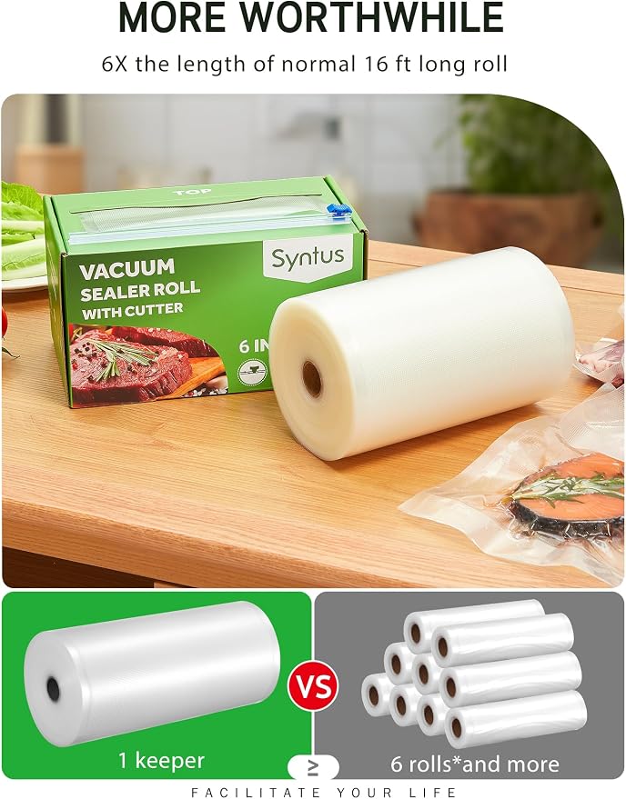 Syntus 6" x 100' Vacuum Sealer Bags Rolls Keeper with Cutter Dispenser | BPA Free, Commercial Grade, Heavy-Duty, Microwave Sous Vide Cooking, Meal Prep, Custom Length, Precise Cuts, for Food Storage
