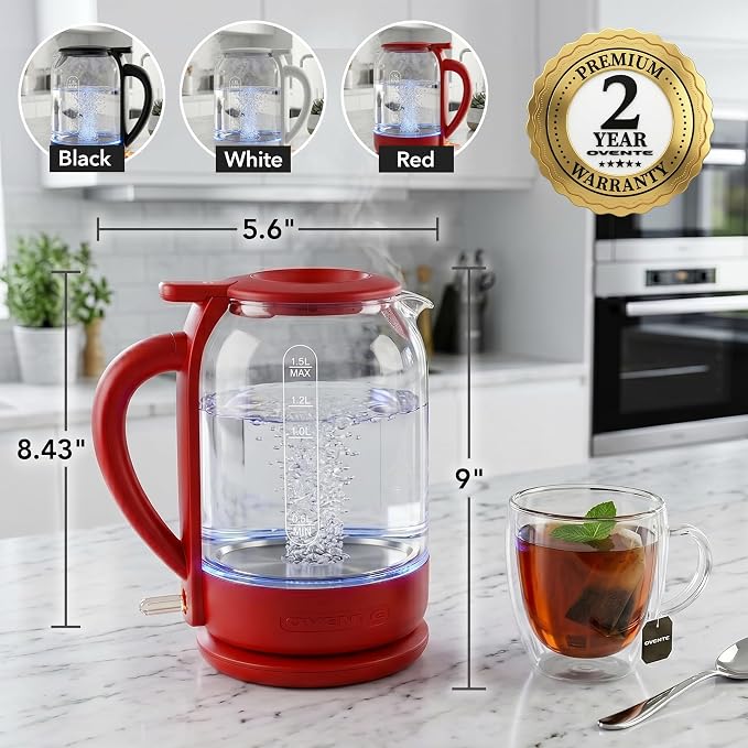 OVENTE 1.5L Glass Electric Kettle Water Boiler, Red KG516R | 1500W Fast Boiling, Easy Fill Lid, Stainless Steel Filter, LED Indicator, Auto Shut-Off, Boil-Dry Protection, 360° Base