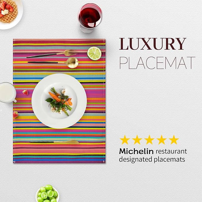 Rainbow Placemats Set of 4, 12x18 Inch Faux Linen Table Mats | Heat Resistant and Washable Design, Easy to Clean Surface for Dining Rooms, Kitchens, Outdoor Parties and Everyday Home Decor