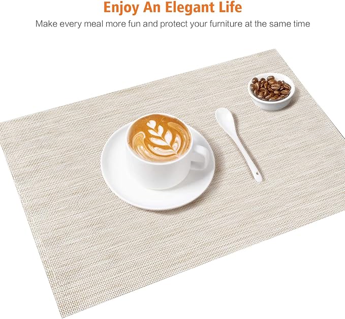 Beige White Vinyl Placemats Set of 12,Washable PVC Table Mats | Heat resistant, stain resistant non slip vinyl place mats, washable beige white table placemats for dining table
