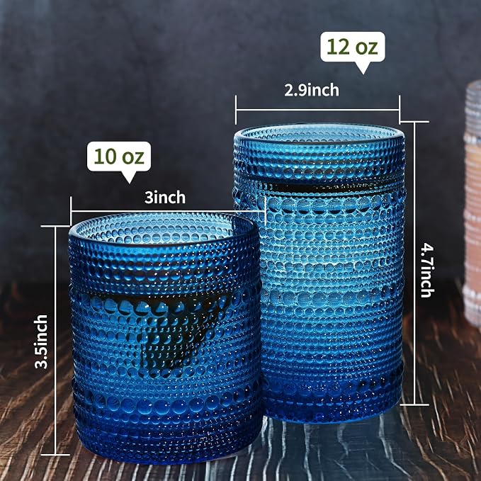 Vintage Hobnail Drinking Glass Set of 8-12 oz Highball & 10 oz Cocktail Tumblers for Whiskey, Juice, Milk
