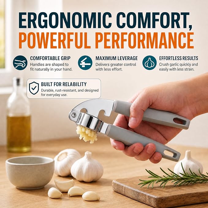 Garlic Press Stainless Steel, Easy-Squeeze Garlic Mincer with Ergonomic Handle, No Need to Peel, Large Capacity Crusher, Heavy Duty, Rustproof & Dishwasher Safe
