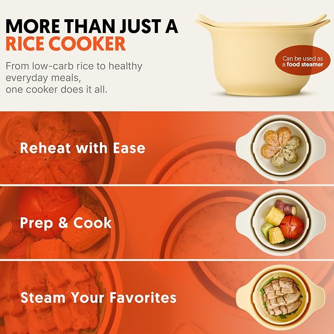 100% Platinum Silicone Low Carb Rice Cooker, 2-3 Cups Uncooked Rice, Microwave Rice Cooker with Steamer Tray, Self-Basting Lid for Everyday Meals, Cream White