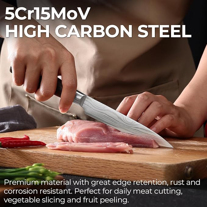 DiiHAUZZ Kitchen Utility Knife, 5 Inch Paring Knife, High Carbon Steel | Ultra Sharp Edge, Ergonomic Pakkawood Handle, Non Slip, Light Weight, Crack Resistant, Snap Resistant, Sheath, Gift Box