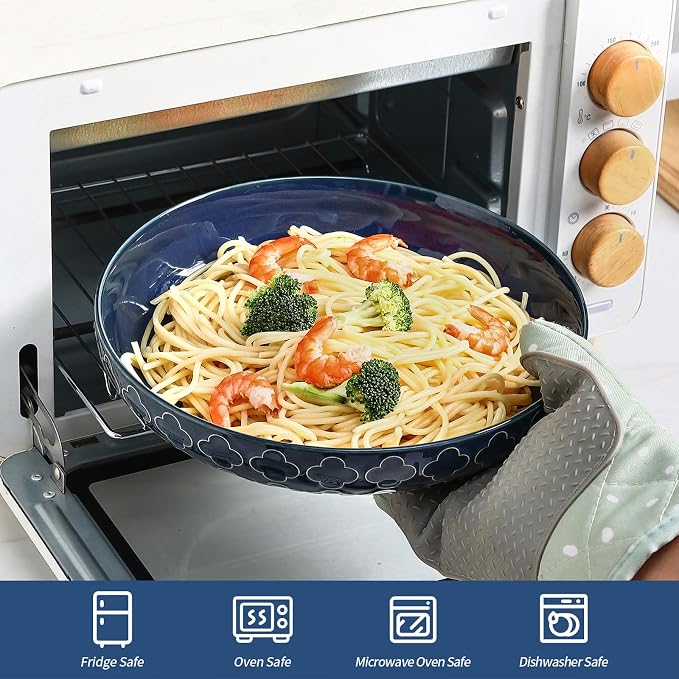 Sureasy 9.7" Pasta Bowls Set of 4-42 oz Large Salad Bowls for Kitchen, Embossed Ceramic Serving Bowls for Fruits, Soup, Pasta and Salad, Microwave & Dishwasher Safe, Blue