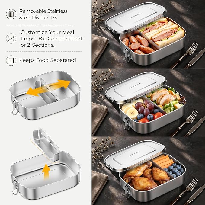 G.a HOMEFAVOR Stainless Steel Bento Lunch Box, 2-Compartment, 1200 ml/40 oz | Leak-Proof, Dishwasher Safe, BPA-Free, with Lock Clips, Meal Prep, Large Food Container, for Adults