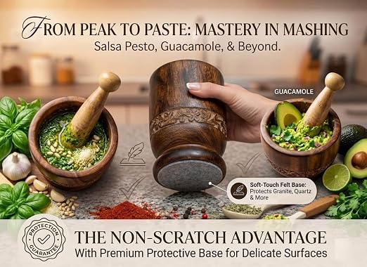 Handcrafted Wooden Mortar and Pestle Set, 7 Inch, Solid Wood Spice Grinder, Decorative Carved Herb Crusher for Kitchen, Seasonings, Garlic and Dry Ingredients