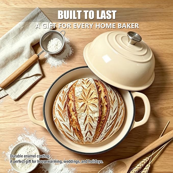 Cast Iron Bread Dutch Oven 6QT Pink Enameled with Lid | Even Heat and Steam for Crispy Crust, Easy-release Enamel, All Stovetops, Safe to 500F, For Sourdough and Artisan Bread