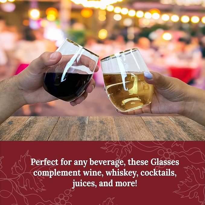 Reli. 12oz. Disposable Wine Glasses Gold-Rim (20 Pack) Stemless | Crystal Clear | Reusable & Recyclable BPA-Free Food-Grade Plastic | Shatterproof Party Cups for Juices, Cocktails, Whiskey