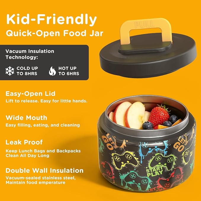 JXXM Bento Lunch Box for Kids With 8oz Soup thermo,Leak-proof Lunch Containers with 5 Compartment,thermo Food Jar and Lunch Bag, Food Containers for School (A-Black(Game Consoley))