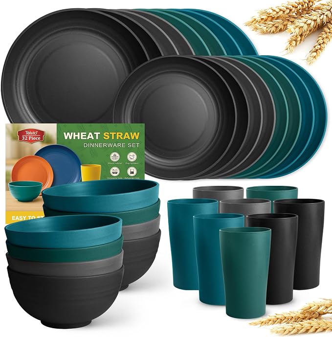 Teivio 32-Piece Plates and Bowls Sets for 8, Plastic Kitche Dinnerware Set | 13.5oz Cups,Wheat Straw Unbreakable Dish Set, Dishwasher, for Outdoor Camping RV Kitchen Essentials Dinner Plate set, Coastal